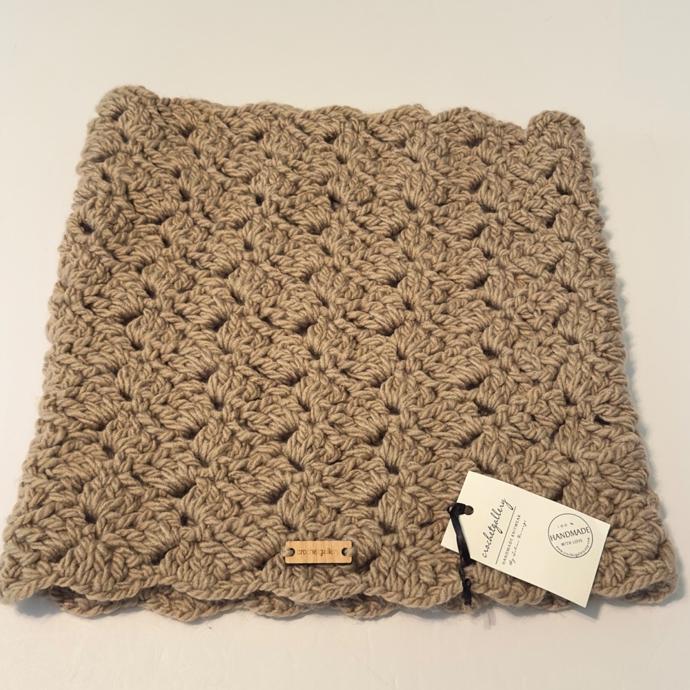 Crochet Gallery Handmade Tan Beige Chunky Knit Cowl Neck Warmer Scarf NWT
